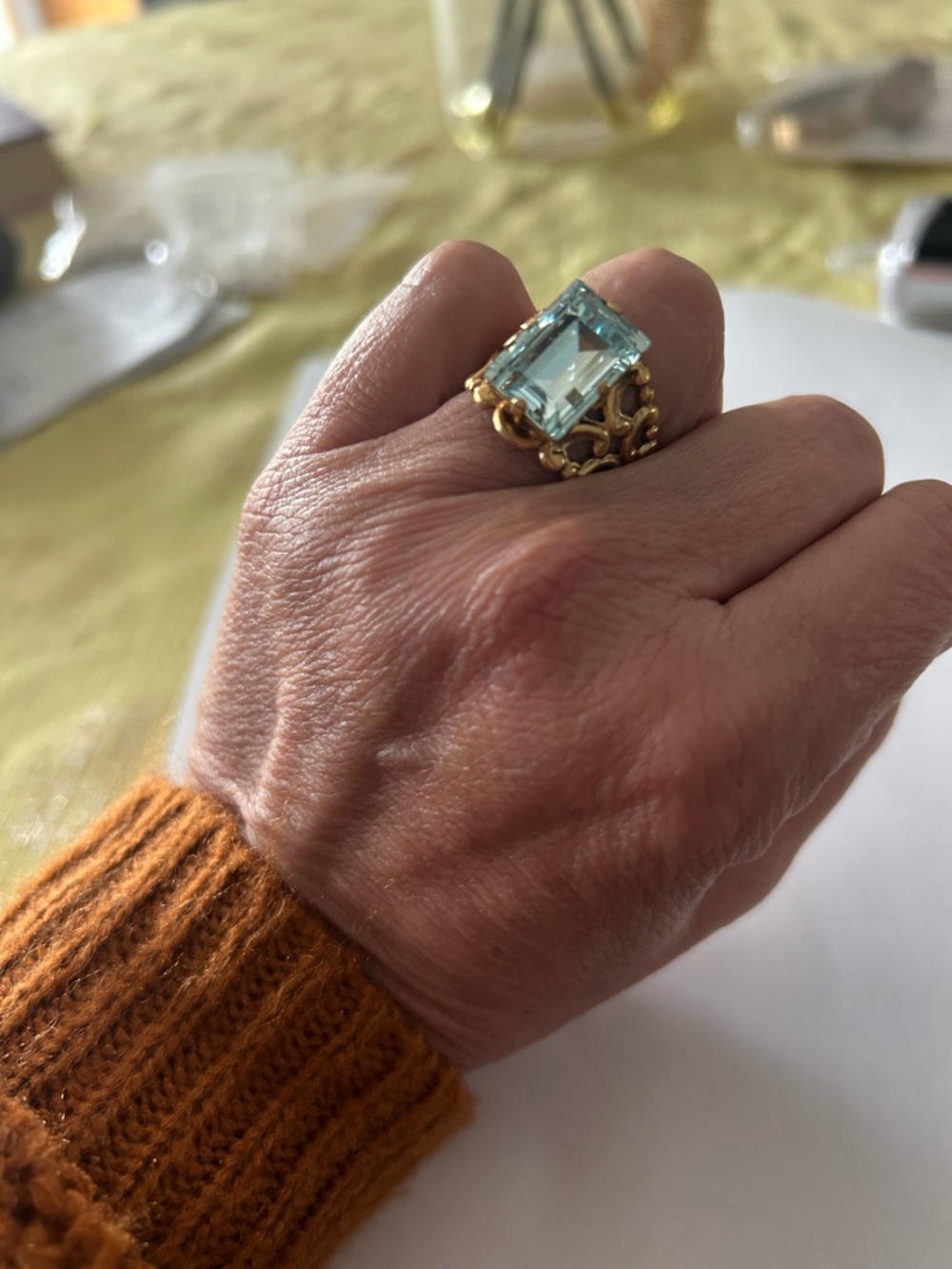 Gold Filigree Ring with Light Blue Gemstone